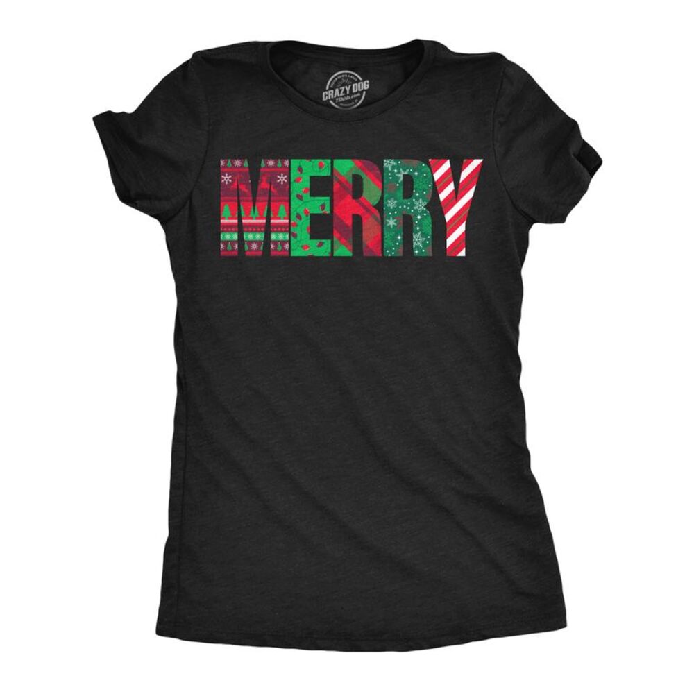 Womens Funny T Shirts Merry Patch Text Sarcastic Christmas Tee For Ladies